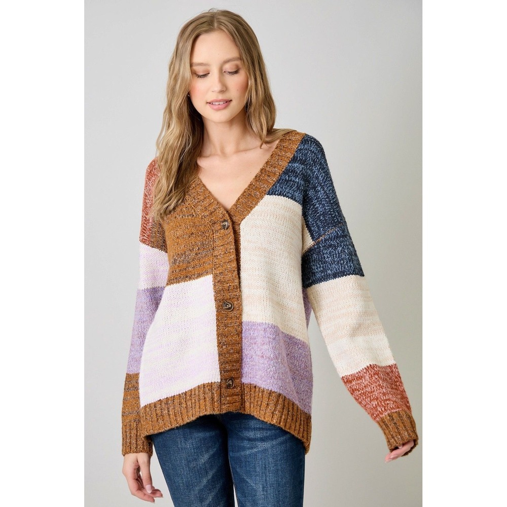 Mystree Color Block Sweater Cardigan Womens Small Oversized Knit Patch